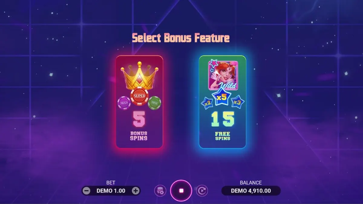 Tampilan layar permainan slot Luck Reactor oleh Evoplay dengan tema futuristik neon dan simbol klasik.