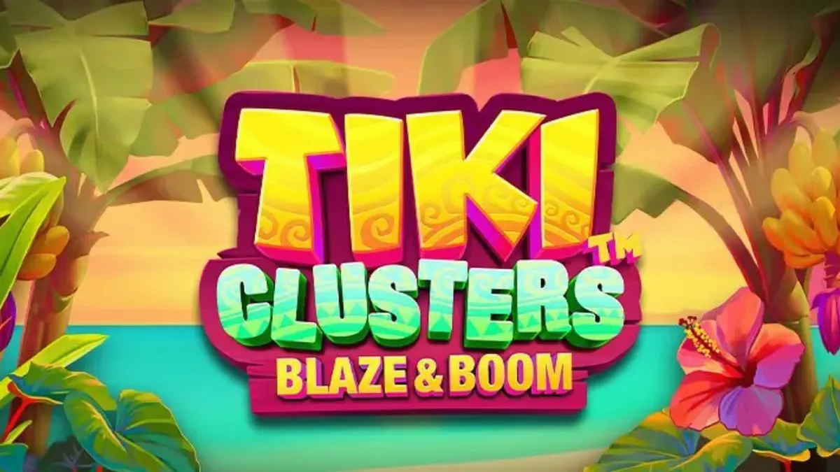 Tiki Clusters Blaze & Boom slot grid dengan simbol topeng Tiki yang berwarna-warni