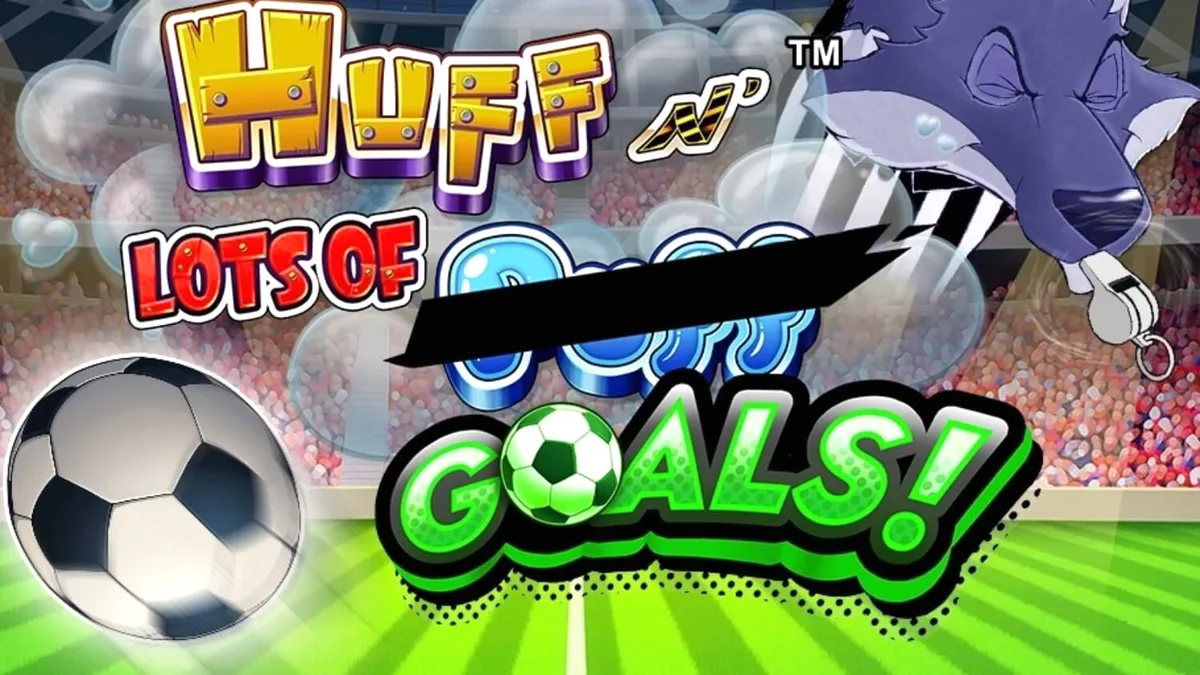 Tampilan visual slot Huff N' Lots of Goals dengan tema sepak bola dan babi kecil