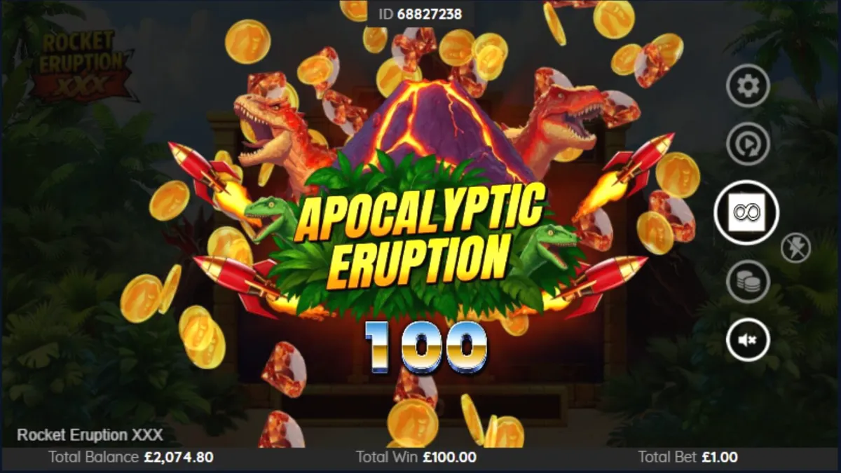 Tampilan antarmuka mobile slot Rocket Eruption XXX dengan tema gunung berapi dan roket